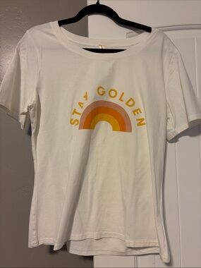 LARA White Tee with Golden Rainbow Graphic